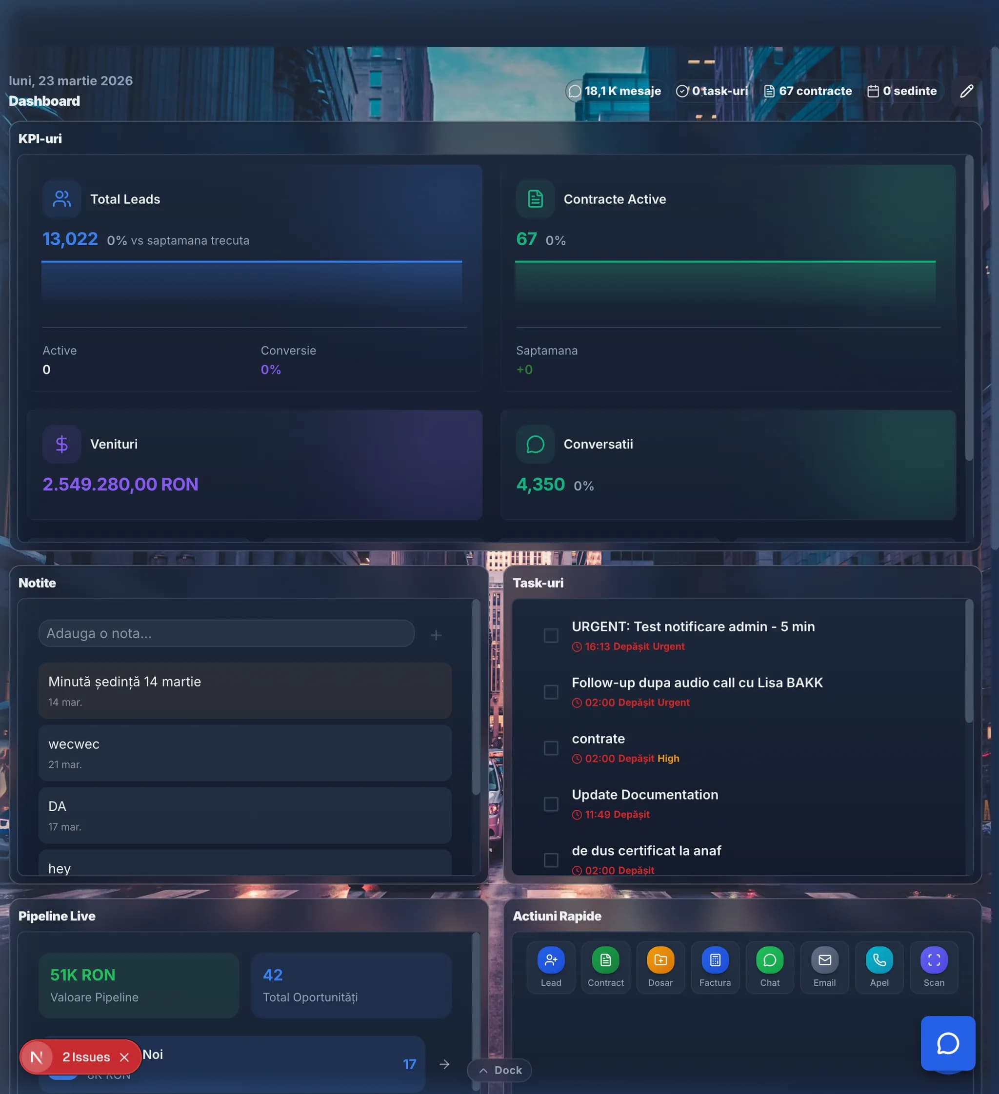 Dashboard real IMFS One — KPI-uri, pipeline și task-uri