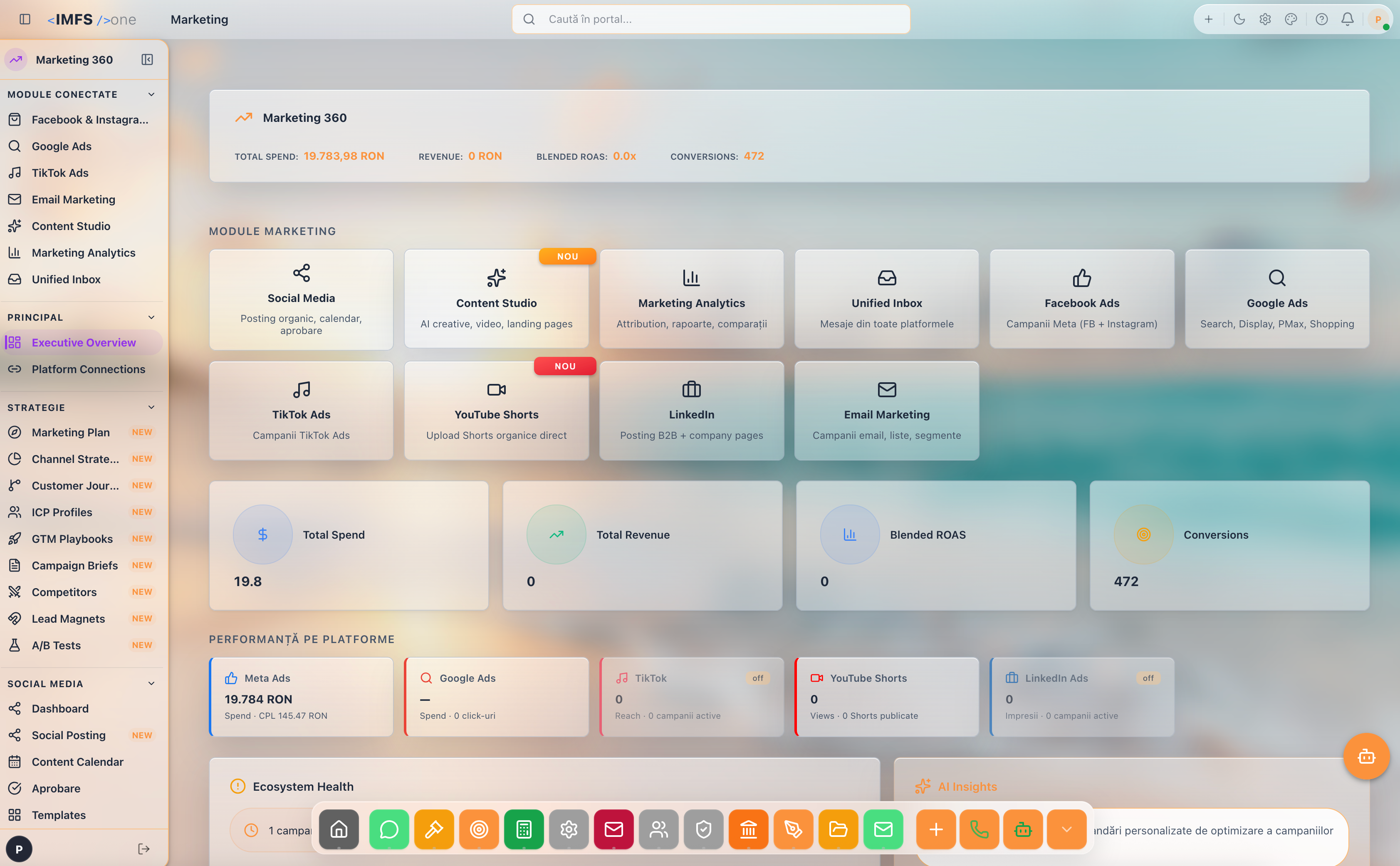 IMFS One Marketing 360 cu module conectate pentru campanii social email si analytics
